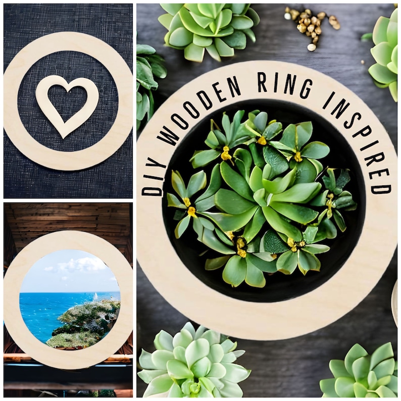 May include: A DIY wooden ring inspired by succulents. The ring is made of natural wood and has a black background with white text that reads "DIY WOODEN RING INSPIRED".