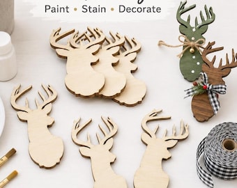 Wooden Deer Cutout Christmas Craft Blank Wood Shape Laser Cut Unfinished Ornament Diy Project Church Bulk Supply Natural Rustic Farmhouse