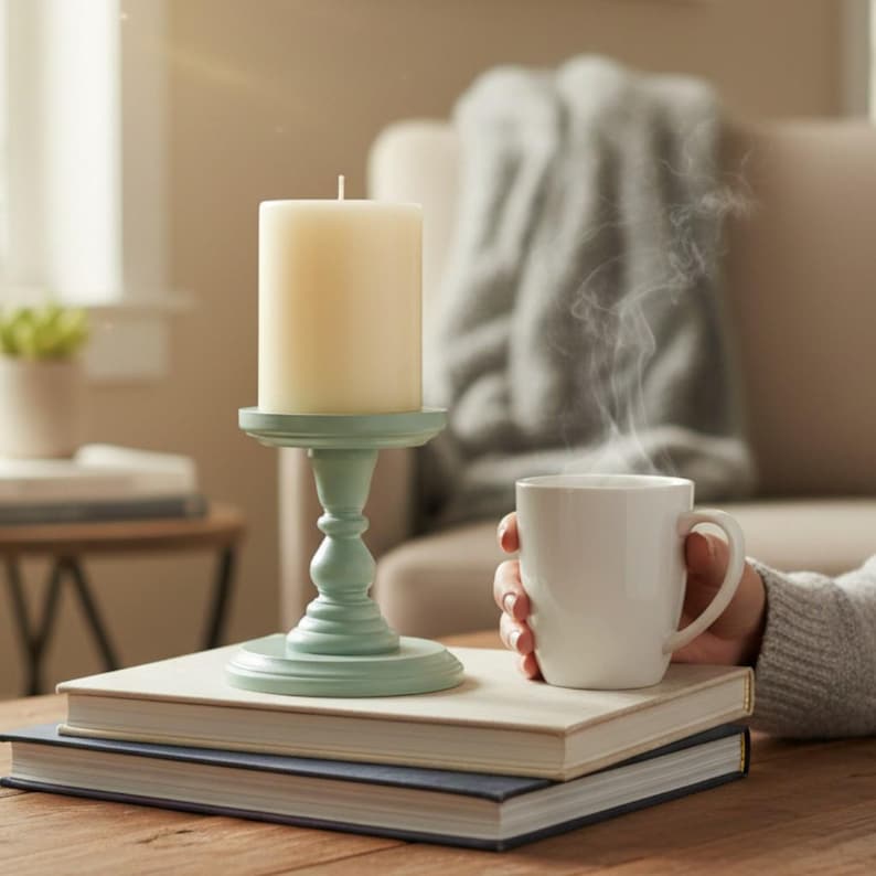 Wooden Pillar Stand Decorative Pedestal Table Accent Rustic Style Modern Farmhouse Decor Piece Handmade Handpainted Candle Holder Bathroom image 14