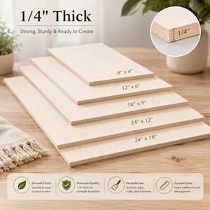 May include: A stack of five rectangular light-colored wooden boards with smooth surfaces. The boards are labeled with dimensions: 8 by 4 inches, 12 by 6 inches, 18 by 9 inches, 24 by 12 inches, and 24 by 18 inches. Each board is 1/4 inch thick.
