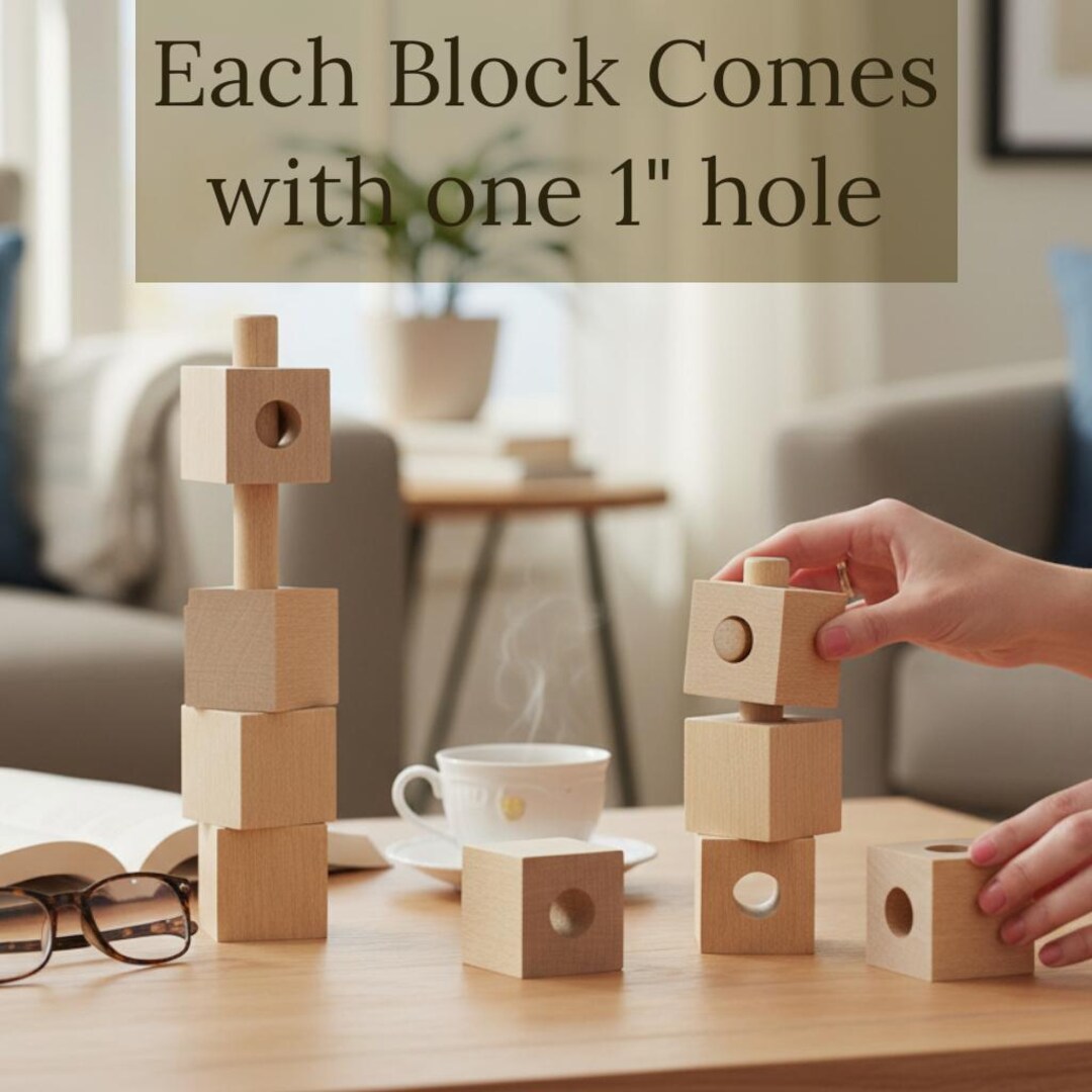 Natural Wood Cubes With Holes Large Wood Blocks for Threading Craft ...