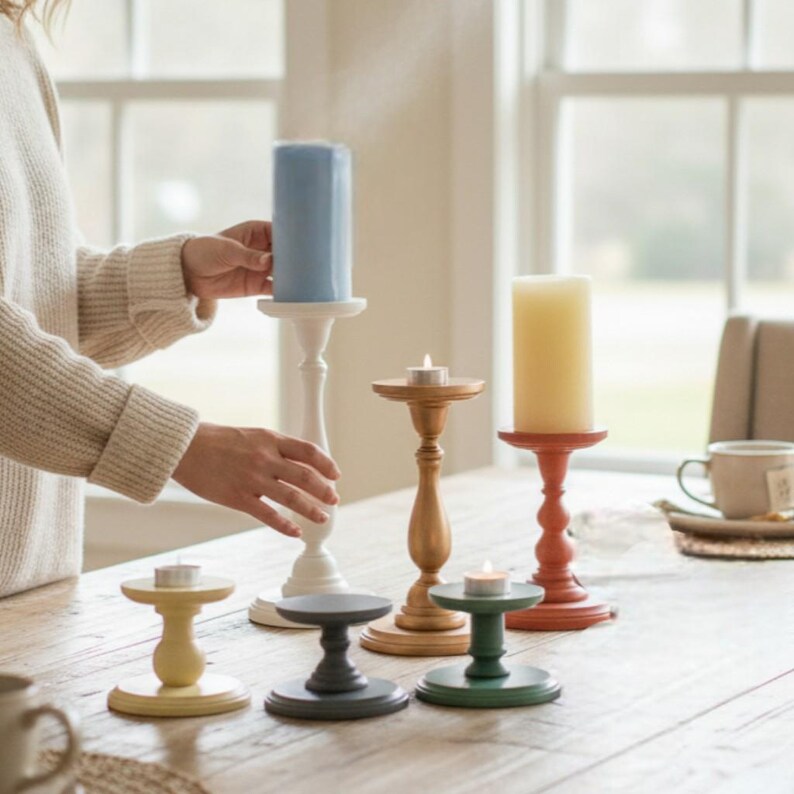 Wooden Pillar Stand Decorative Pedestal Table Accent Rustic Style Modern Farmhouse Decor Piece Handmade Handpainted Candle Holder Bathroom image 11