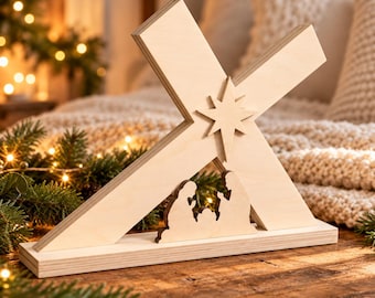 Wooden Nativity Scene Set Tabletop Nativity Display Cross Nativity Decor Christian Christmas Mantel Shelf Unfinished Wood Kit Diy Faith