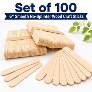 May include: A set of 100 light-coloured wooden craft sticks, each measuring 15.24 cm in length. The sticks feature smooth, rounded ends and are bundled together with brown paper bands, with several individual sticks fanned out in the foreground.