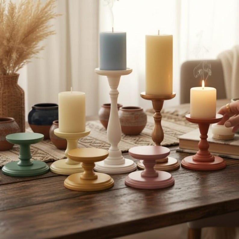 Wooden Pillar Stand Decorative Pedestal Table Accent Rustic Style Modern Farmhouse Decor Piece Handmade Handpainted Candle Holder Bathroom image 19