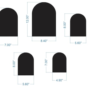 Puede incluir: Cinco paneles negros en forma de arco con dimensiones en pulgadas. Los tama&ntilde;os son 10.00" x 7.00", 12.00" x 8.40", 8.00" x 5.60", 8.00" x 5.60" y 7.00" x 4.90". Estas formas planas de parte superior redondeada se muestran con l&iacute;neas de medici&oacute;n.
