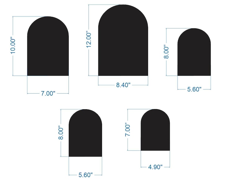 Puede incluir: Cinco paneles negros en forma de arco con dimensiones en pulgadas. Los tama&ntilde;os son 10.00" x 7.00", 12.00" x 8.40", 8.00" x 5.60", 8.00" x 5.60" y 7.00" x 4.90". Estas formas planas de parte superior redondeada se muestran con l&iacute;neas de medici&oacute;n.