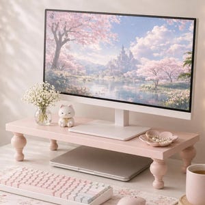 Puede incluir: Un soporte de monitor de madera rosa claro con cuatro patas torneadas, que sostiene un monitor de computadora con un paisaje de castillo y cerezos en flor. Encima hay una pequeña figura de gato blanco, un jarrón de vidrio con paniculata y un plato en forma de flor.