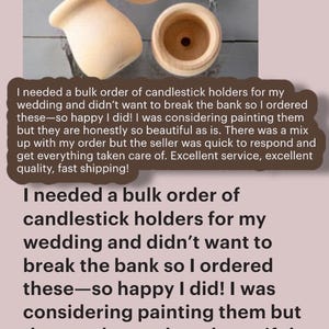 May include: Three unfinished wooden candlestick holders. Two are round with a central hole, and one is a unique shape. The holders are unpainted, showcasing the natural wood grain. The image also includes customer feedback.