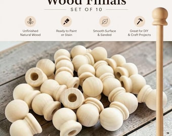 Wood Finial Set Collection Round Curtain Rod Cap Topper Jar Top Decorative Accent Home Decor Craft Supply DIY Project Chair Leg Set of 10