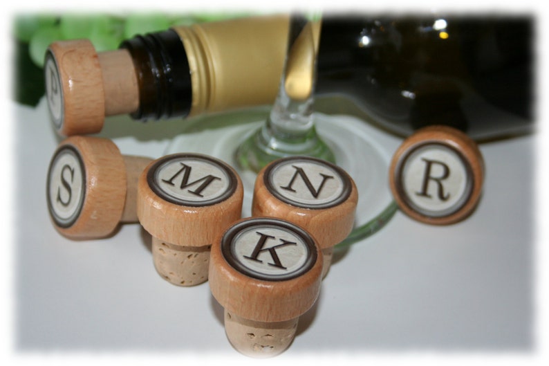 QTY 1 Monogram Wine Stoppers, Lettered Wine Stopper, Wedding Wine Stopper, Bridesmaid Wine Stopper, Thank You Favors, Cork, Wine Gift image 1