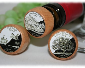 QTY 1- State Quarter Wine Stoppers, Cork Wine Stoppers, Texas Stopper, California Stopper, Florida Stopper, US States, Wine Gift Under 10