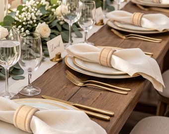 May include: A wooden napkin ring encircling a folded cream-coloured cloth napkin on a white plate with a gold rim. The setting includes a gold fork and knife, a clear glass, and a place card with the name David, arranged on a wooden table.