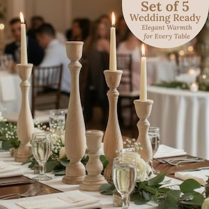 May include: A set of five wooden candle holders with lit candles, arranged on a table with floral decorations. The candle holders are in varying heights and shapes. The image text reads "Set of 5 Wedding Ready Elegant Warmth for Every Table."