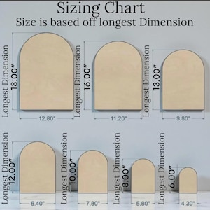 Puede incluir: Una tabla de tallas para siete formas de arco de madera clara. El texto dice Sizing Chart y Size is based off longest Dimension. Las dimensiones se indican en pulgadas para cada arco, desde 18,00 por 12,80 hasta 6,00 por 4,30 pulgadas.