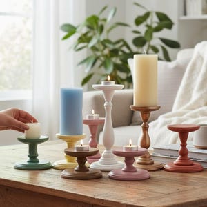 Wooden Pillar Stand Decorative Pedestal Table Accent Rustic Style Modern Farmhouse Decor Piece Handmade Handpainted Candle Holder Bathroom image 3