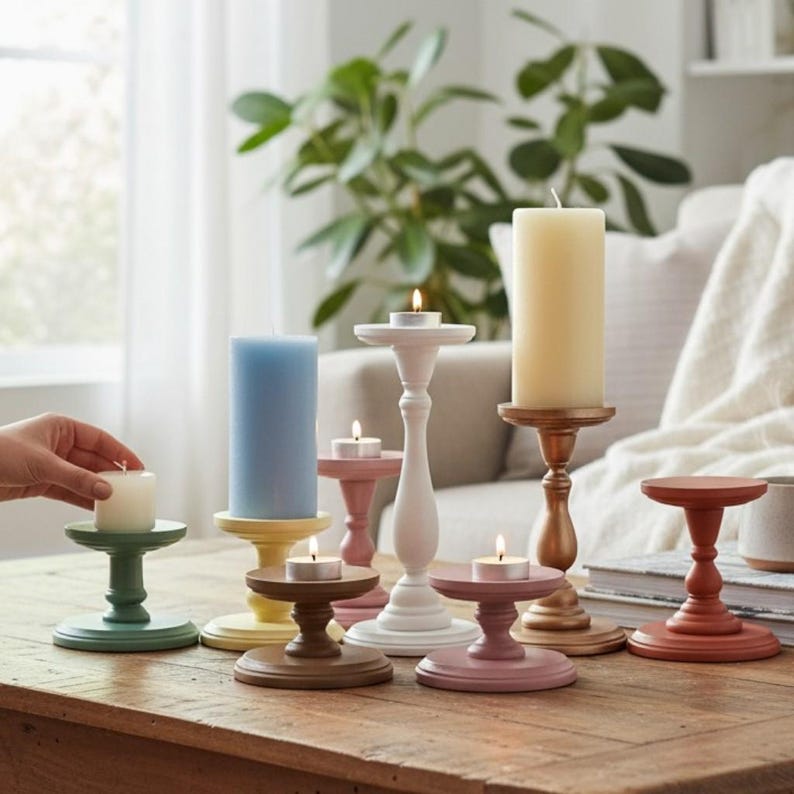 Wooden Pillar Stand Decorative Pedestal Table Accent Rustic Style Modern Farmhouse Decor Piece Handmade Handpainted Candle Holder Bathroom image 3