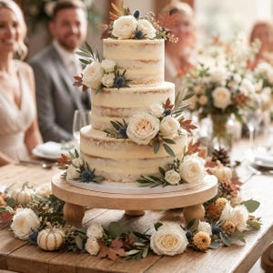 May include: A three-tier semi-naked wedding cake with white frosting, decorated with cream-colored roses, blue thistle, and autumn leaves. The cake sits on a round wooden pedestal stand, surrounded by a garland of roses, small pumpkins, and foliage.