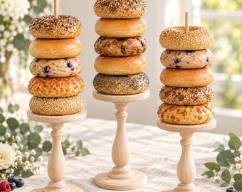 Bagel Stand Handmade Solid Wood Wedding Party Dessert Table Donut Holder Natural Unfinished Farmhouse Rustic Reusable Cupcake Candle