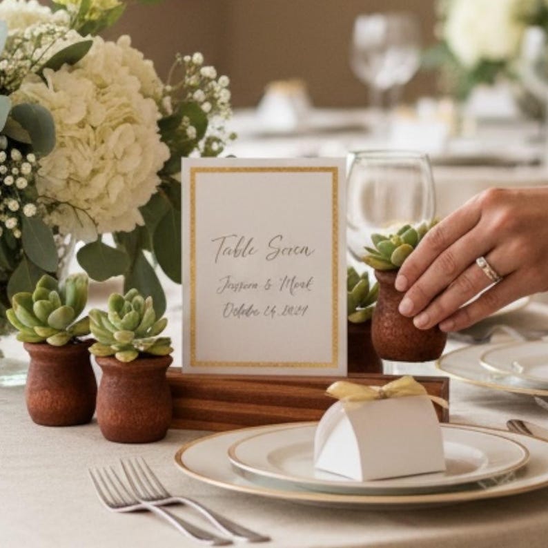 May include: Wedding table setting with a white card that reads "Table Seven" with names and a date. Small potted succulents in brown pots are placed around the card. A white gift box with a gold bow sits on a plate with gold trim.