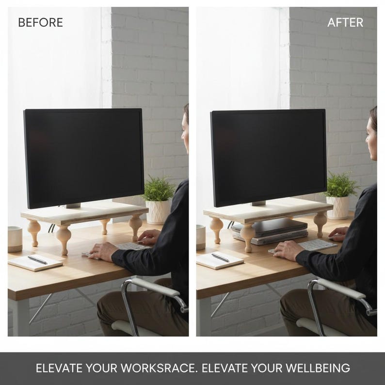 Op de afbeelding: Een voor-en-na-afbeelding toont een computermonitor op een houten monitorstandaard met gedraaide poten. De tekst onderaan luidt: "ELEVATE YOUR WORKSRACE. ELEVATE YOUR WELLBEING."