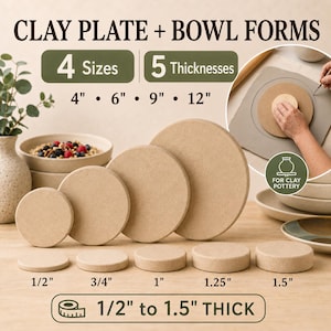 Può includere: Un set di forme circolari in argilla per piatti e ciotole in 4 dimensioni: 10,16, 15,24, 22,86 e 30,48 cm. Il set include 5 spessori da 1,27 a 3,81 cm. Le forme sono marrone chiaro, piatte e rotonde, per progetti di ceramica e argilla.