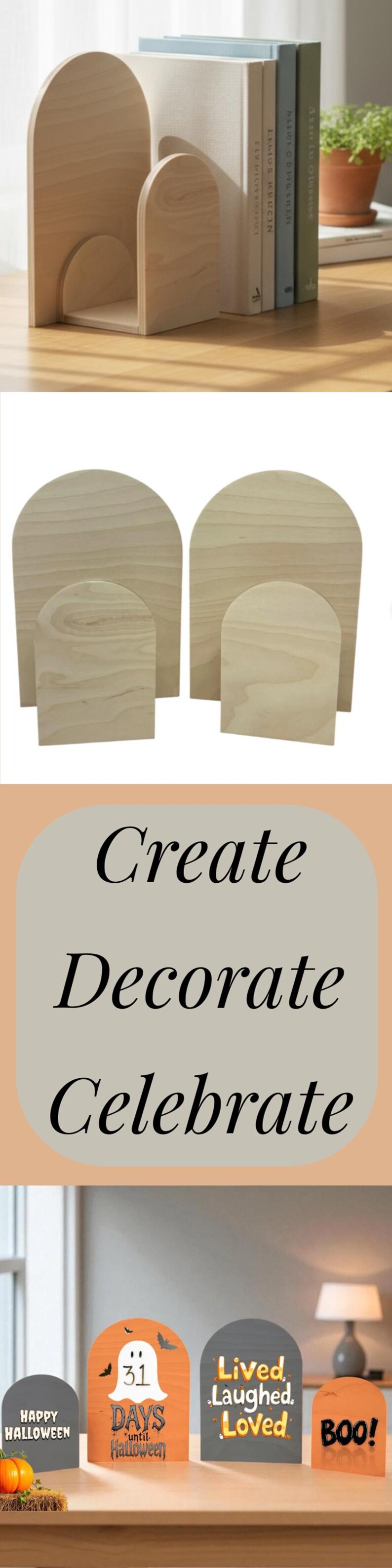 Puede incluir: Un conjunto de sujetalibros de madera de color claro en forma de arco con un acabado liso. El dise&ntilde;o presenta un panel arqueado alto unido a una pieza frontal m&aacute;s peque&ntilde;a, creando una base en forma de U. La veta natural de la madera es visible.