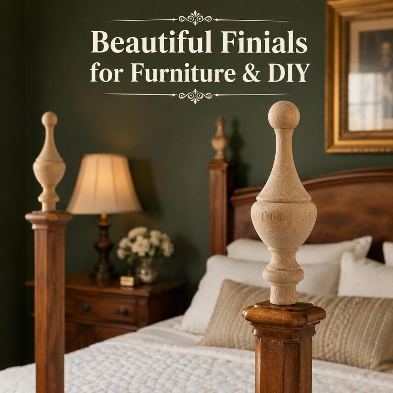 May include: Two light-colored, unfinished wooden finials with a rounded top and a tapered base, each mounted on a dark brown wooden bed post. The text "Beautiful Finials for Furniture & DIY" is displayed in white at the top of the image.