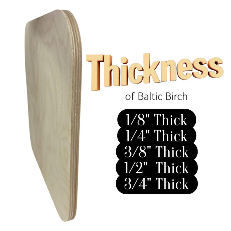Puede incluir: Una tabla de madera contrachapada de abedul b&aacute;ltico mostrada de lado para exhibir su borde laminado. El texto dice: Thickness of Baltic Birch, 1/8" Thick, 1/4" Thick, 3/8" Thick, 1/2" Thick, 3/4" Thick. La madera tiene un acabado de veta natural.