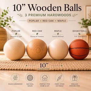 May include: Four wooden balls, including a basketball, are displayed. The wooden balls are made of poplar, red oak, and maple. The text reads "10" Wooden Balls" and "3 Premium Hardwoods". The basketball is 9.4" in diameter, and the wooden balls are 10" in diameter.