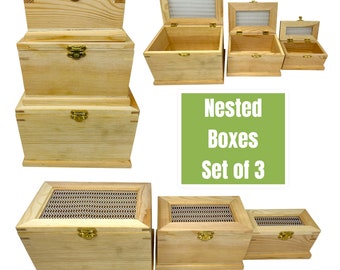 Set of 3 Nested Wood Boxes With Screen Latch Lid, Jewelry Boxes, Craft Boxes, Recipe Boxes, Memory Box, Keepsake Box With Lid, Treasure Box