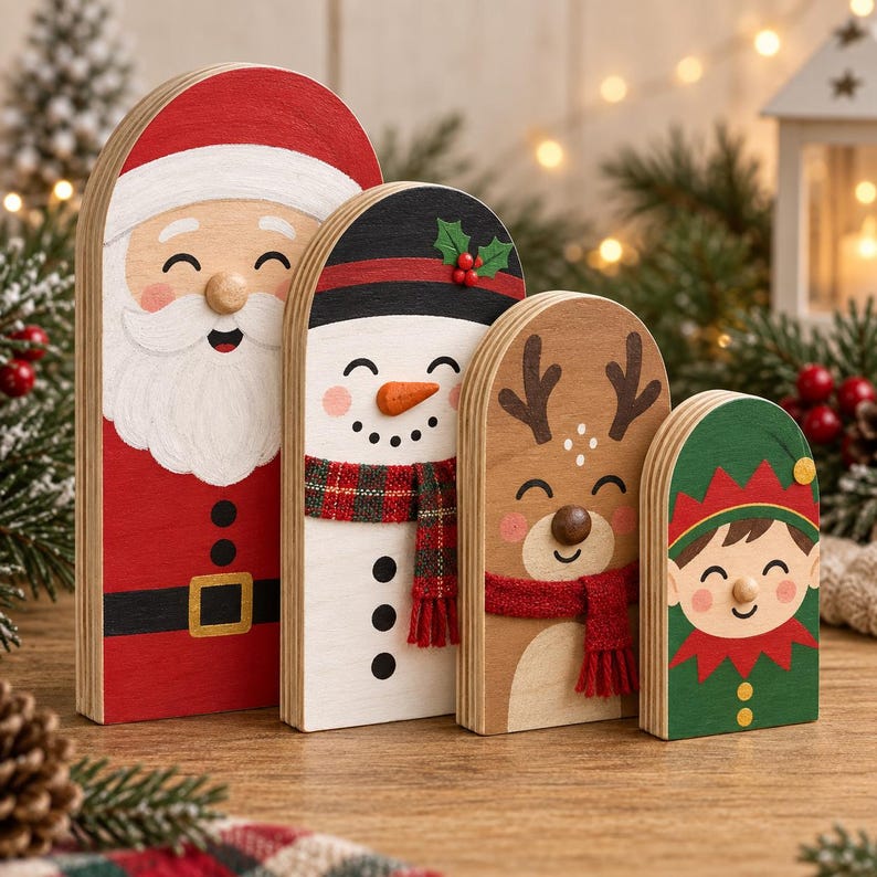 Puede incluir: Un conjunto de cuatro figuras navide&ntilde;as de madera con forma de arco que representan a Santa Claus con traje rojo, un mu&ntilde;eco de nieve con bufanda de cuadros, un reno con bufanda roja y un elfo con traje verde y detalles pintados.