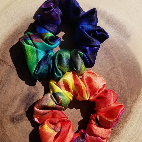 Warm & Cold Rainbow Scrunchies, 90s style, hair ties, wrist accessories, gifts for her, ponytail accessories, messy bun, top knot