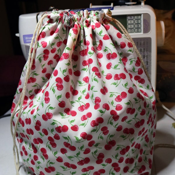 Vintage White Cherry Pinup Drawstring Lunch Sack | Bento Bag | Boxed Bottom Squared Corners Knit Crochet Project Bag