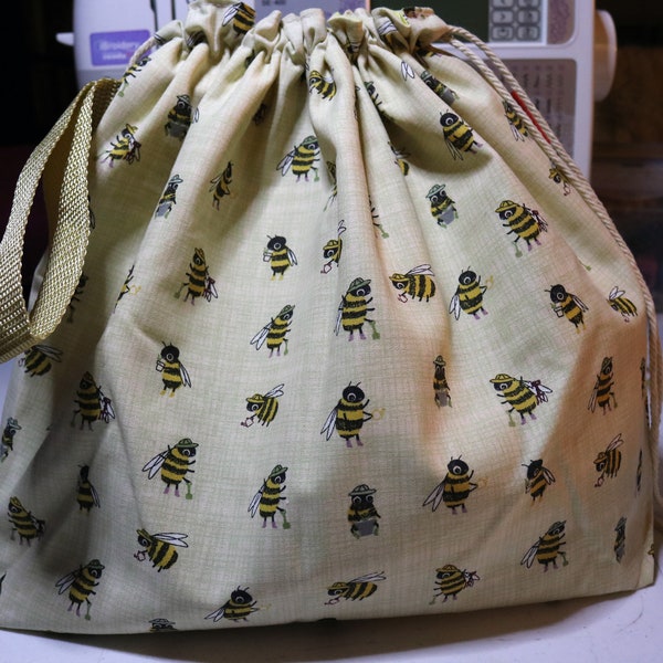 Busy Bees, Worker Bees. Bumblebee Summer Apiary Drawstring Lunch Sack | Bento Bag | Boxed Bottom Squared Corners Knit Crochet Project Bag