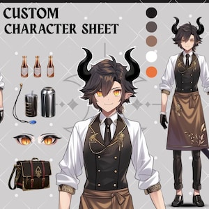 以下が含まれることがあります： 黒い角、暗い髪、黄色い目を持つ男性アニメスタイルのキャラクターをフィーチャーしたカスタムキャラクターシート。キャラクターは白いシャツ、黒いベスト、茶色のエプロンを着ています。ボトル、缶、ブリーフケースが含まれています。