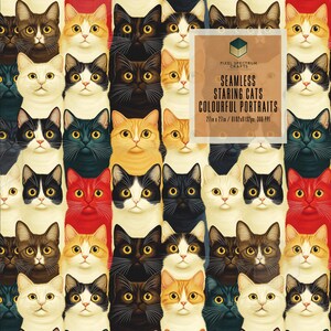 Staring Cats Colourful Portraits Seamless Repeat Digital Design - Fabric Paper Printing Sublimation Wallpaper Scrapbooking Accessories Wrap