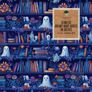Verträumte Nachtgespenst-Bücherregal-nahtlose Wiederholungs-Digital-Design - für Stoff-Papier-Druck-Sublimations-Tapete-Scrapbooking-Zubehör-Verpackung