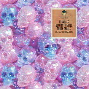 Pastel Goth Glittery Candy Skulls Repeat Seamless Digital Design - Fabric Paper Printing Sublimation Wallpaper Scrapbooking Accessories Wrap