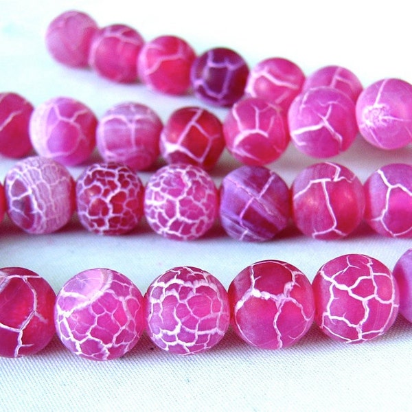 Hot Fushia Pink Crackle Agate smooth rounds, 14" FULL strand, 39 beads 9mm (3elb1)