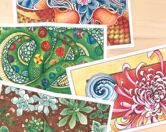 Ink Inspired - set of 4 blank note cards (koi, snake, chrysanthemum, succulents)