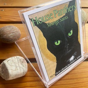 May include: A 2026 desk calendar titled "House Panthers Strange Saints" featuring a black cat with green eyes. The calendar is displayed in a clear acrylic stand on a wooden surface, with two stones nearby.