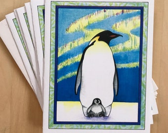 6 blank cards - Emperor Penguins - dad and baby penguins