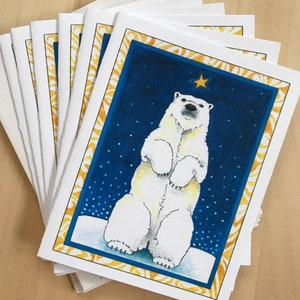 6 blank cards - Polar Bear with star, bright blue winter sky