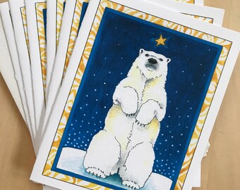 6 blank cards - Polar Bear with star, bright blue winter sky