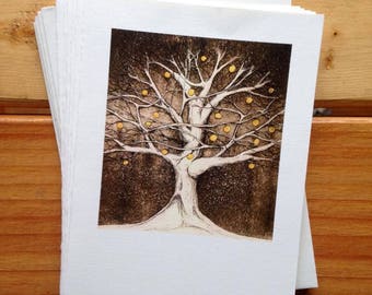 6 blank cards - Tree with the Lights in it - apple tree etching