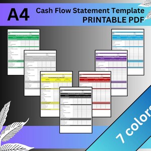 May include: A4 cash flow statement template in seven colours. The image shows several sheets with a grid layout, each with a different colour scheme. Text includes "Cash Flow Statement Template" and "Printable PDF."