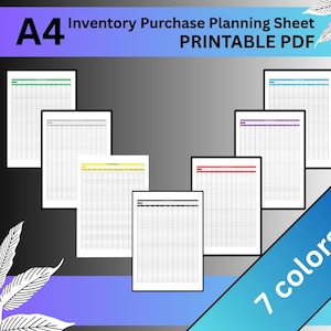 May include: A collection of seven A4 Inventory Purchase Planning Sheet printable PDF templates arranged in a V-shape. Each sheet features a grid layout with a distinct colored header bar, including green, blue, yellow, red, purple, and black options.