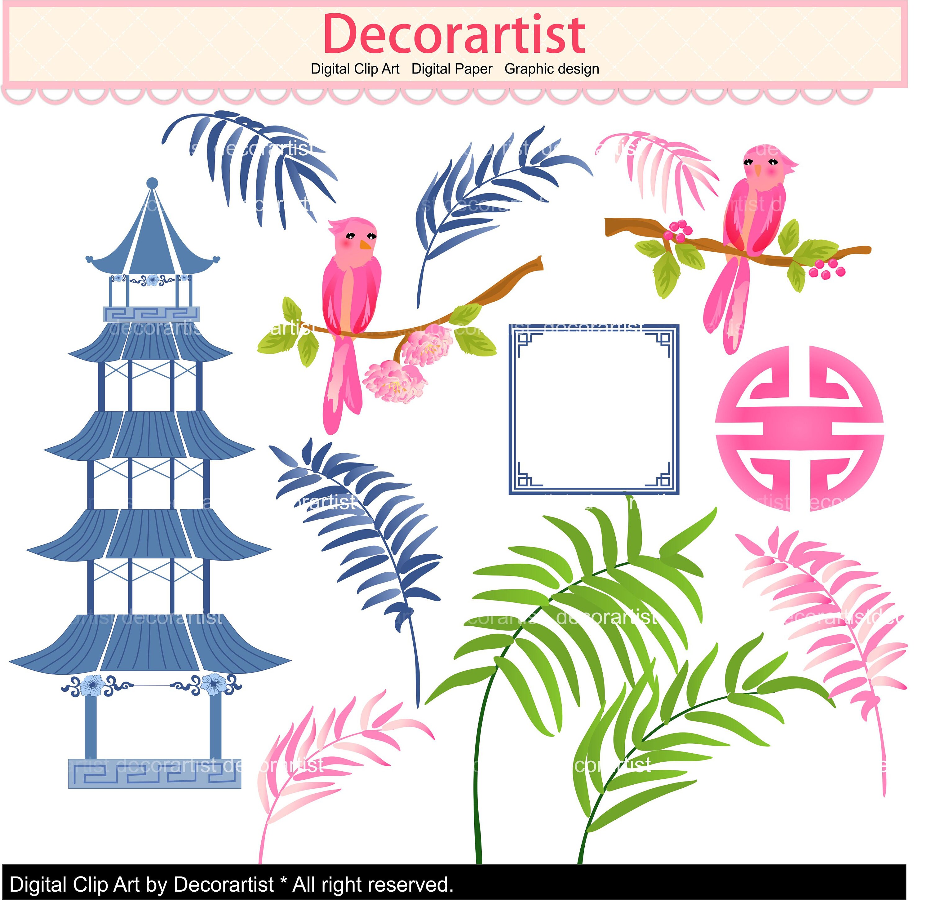 ON SALE Chinoiserie clip art graphic chinoiserie Pink blue | Etsy