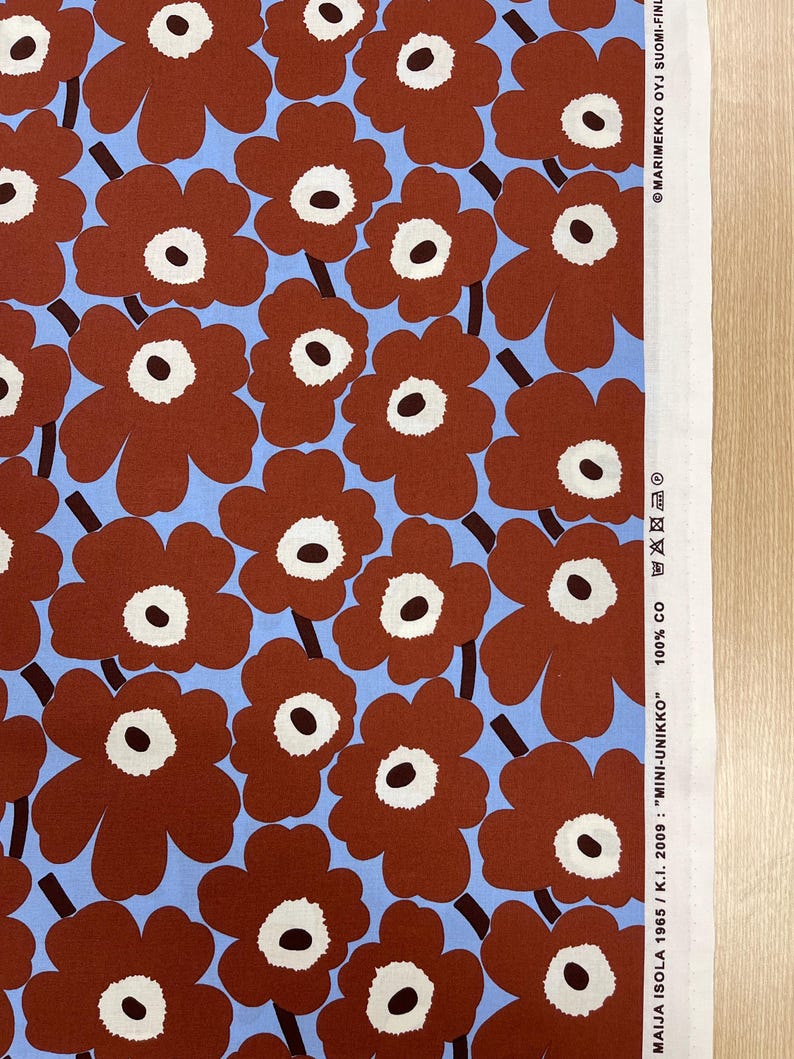 Authentic Marimekko Mini Unikko Cotton Fabric - Warm Brown and Blue ...